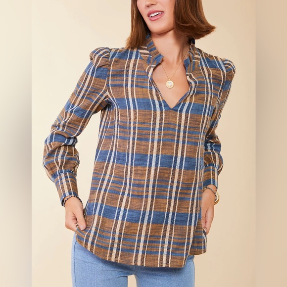 NWOT Spartina 449 Bethany Kalalanta Plaid Navy Blouse - Picture 2 of 2